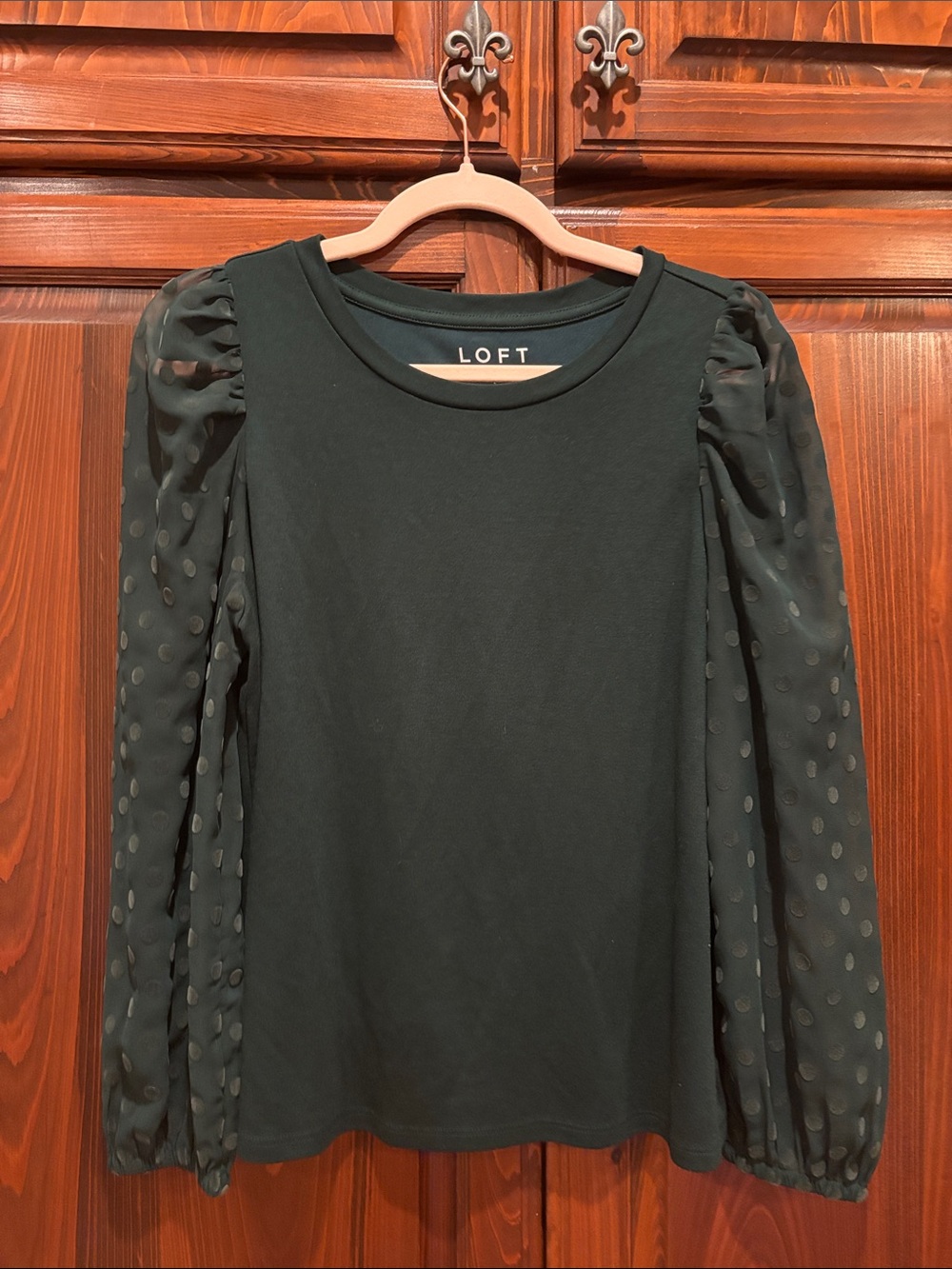 LOFT Dark Green Puff-Sleeve Polka Dot Long Sleeve Top